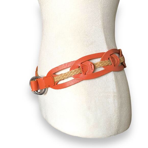 Linea Pelle Leather Link Jute Hip Sling Belt Sz S Orange Tan Ring Buckle Boho - Picture 3 of 9